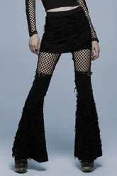 Pantalon évasé punk pour femmes avec coutures noires en maille déchirée